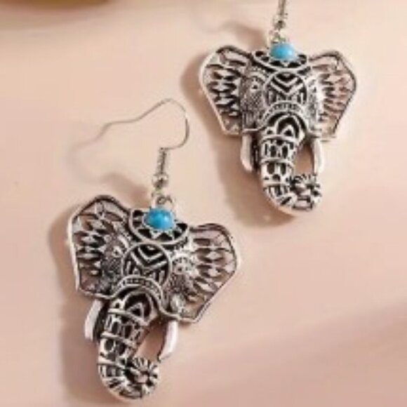 Bohemian Elephant Dangle Earrings Turquoise Accents, Zinc Alloy Iron Ear Hooks - Picture 1 of 6